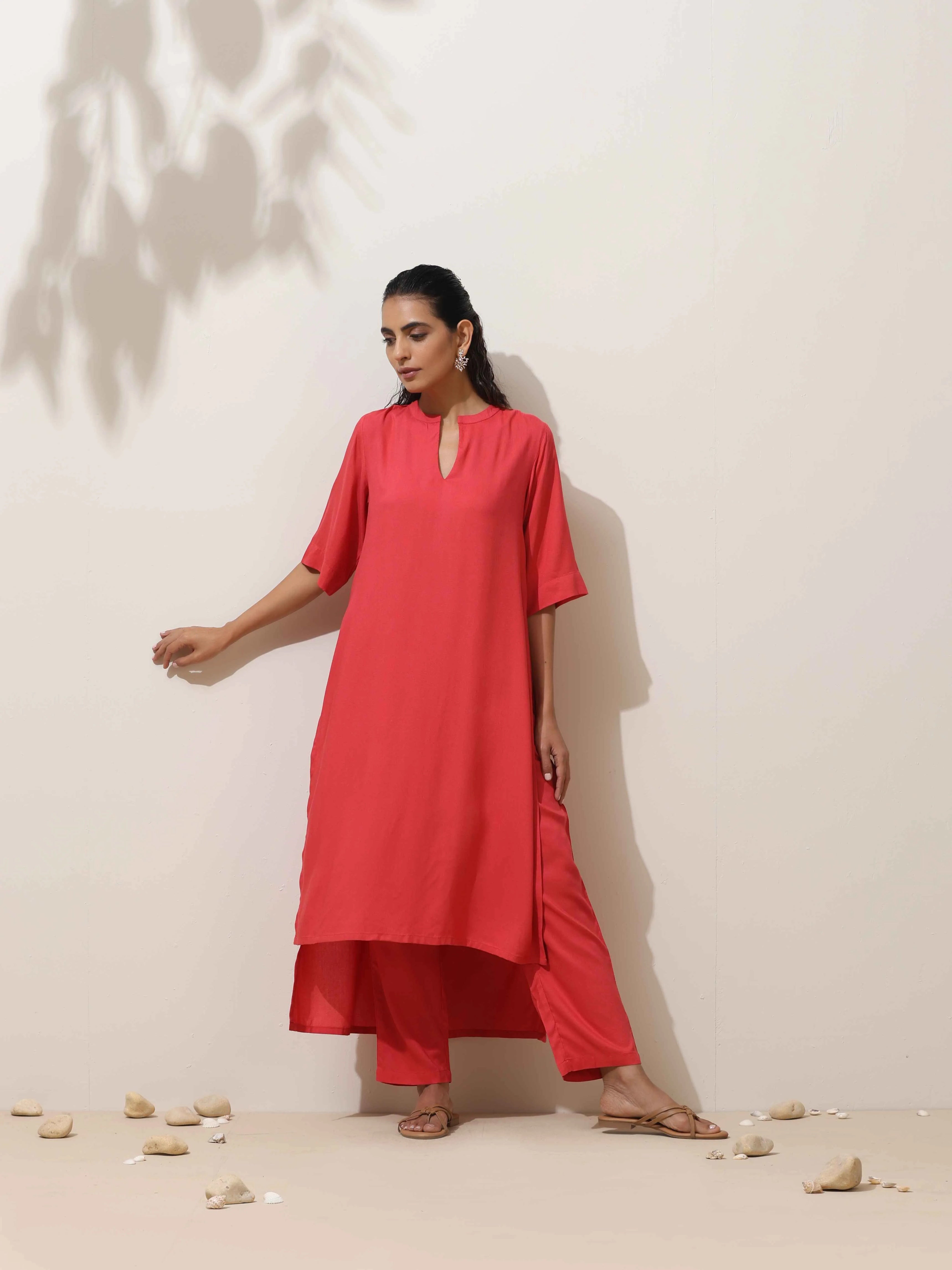 trueBrowns Coral Viscose Kurta Pant Set
