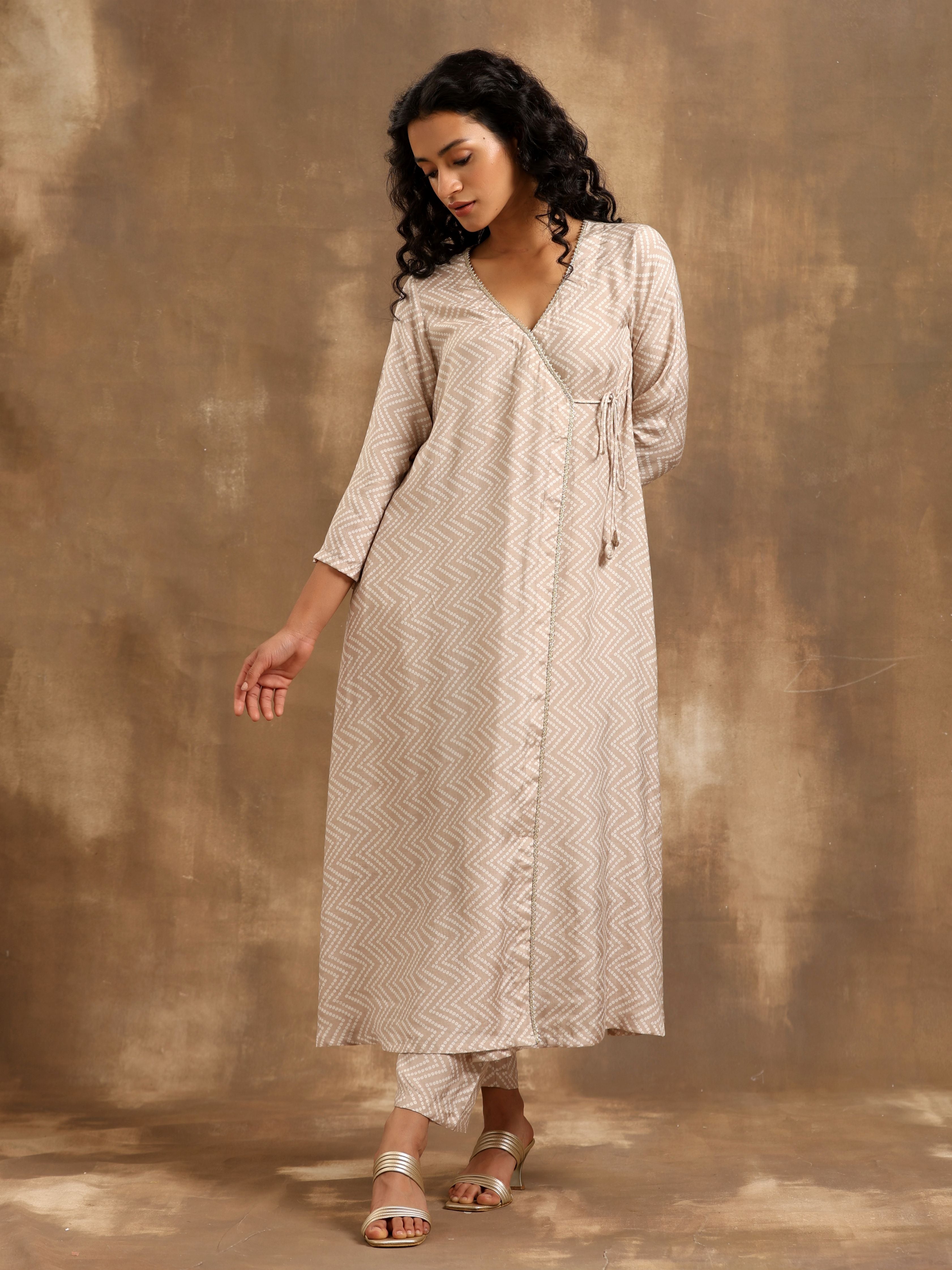 trueBrowns Beige Zig-Zag Print Silk Angrakha Kurta Pant Set - Distacart