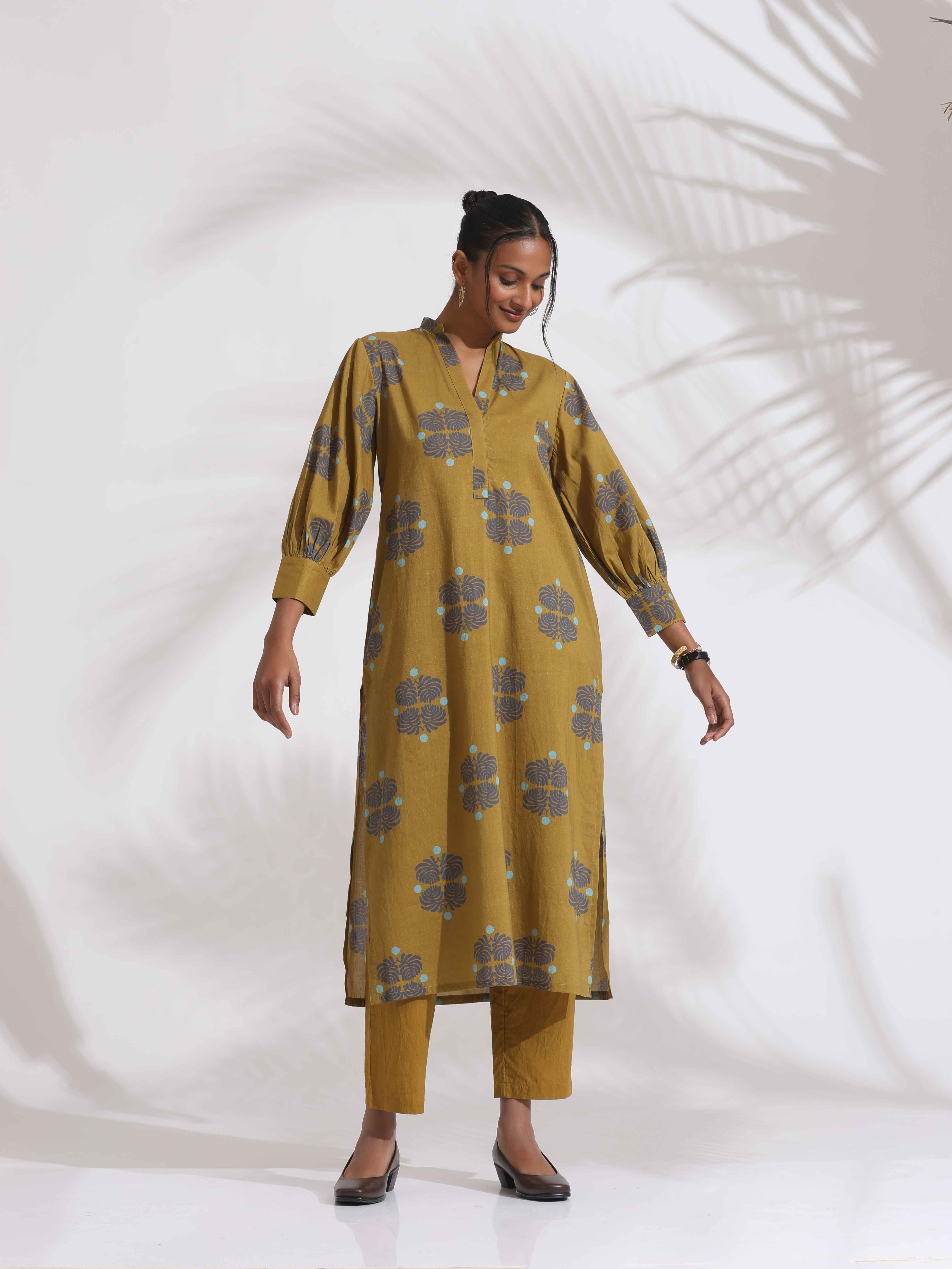 trueBrowns Green Cotton Print Straight Kurta Set - Distacart