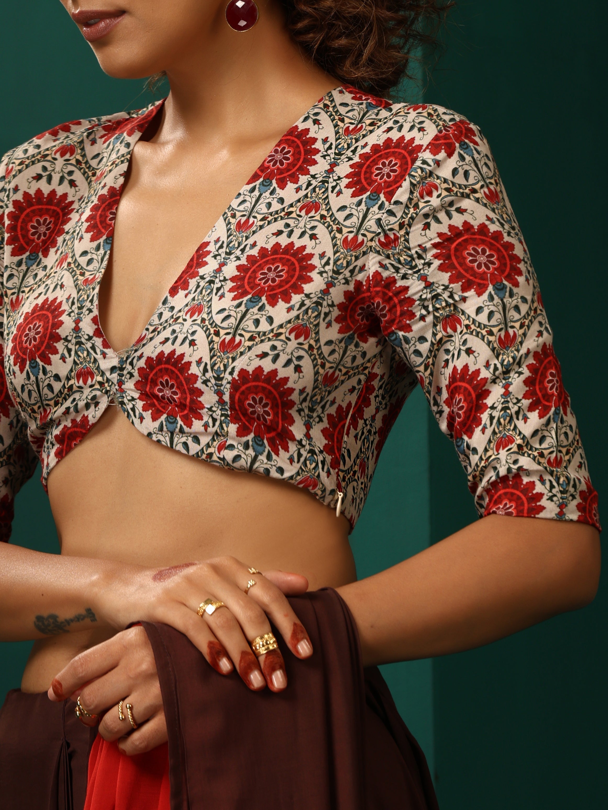 trueBrowns Ivory Red Circle Floral Muslin Silk Printed Deep V-Neck Blouse - Distacart