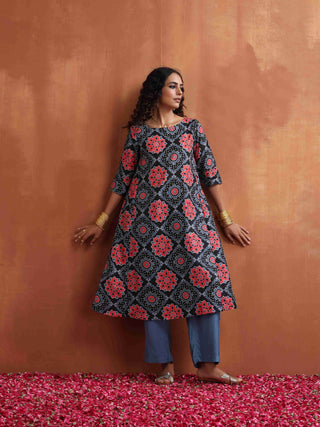 trueBrowns Black Ajrak Print A-line Kurta Set - Distacart
