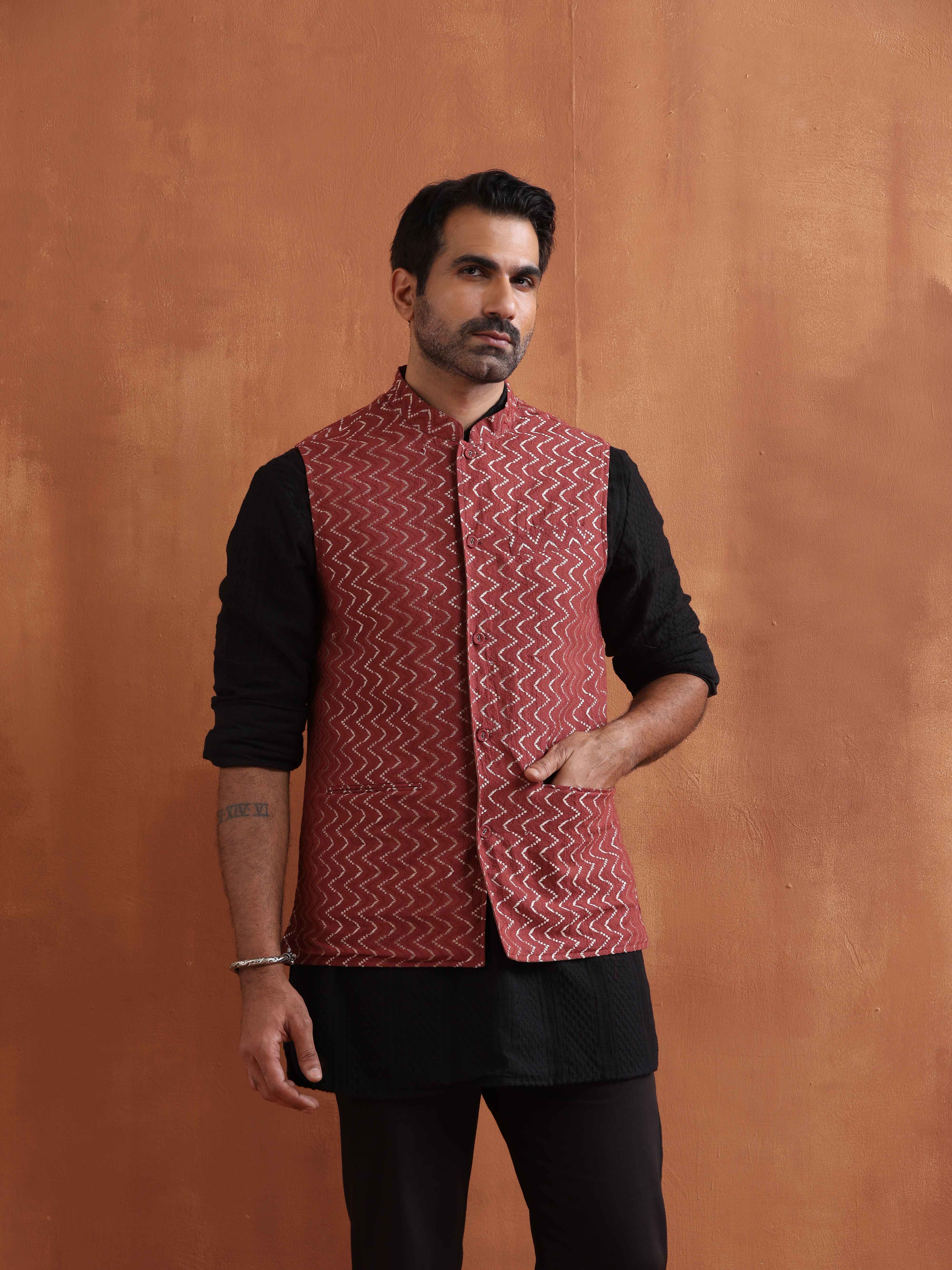 trueBrowns Men's Rust Cotton Dobby Nehru Jacket - Distacart