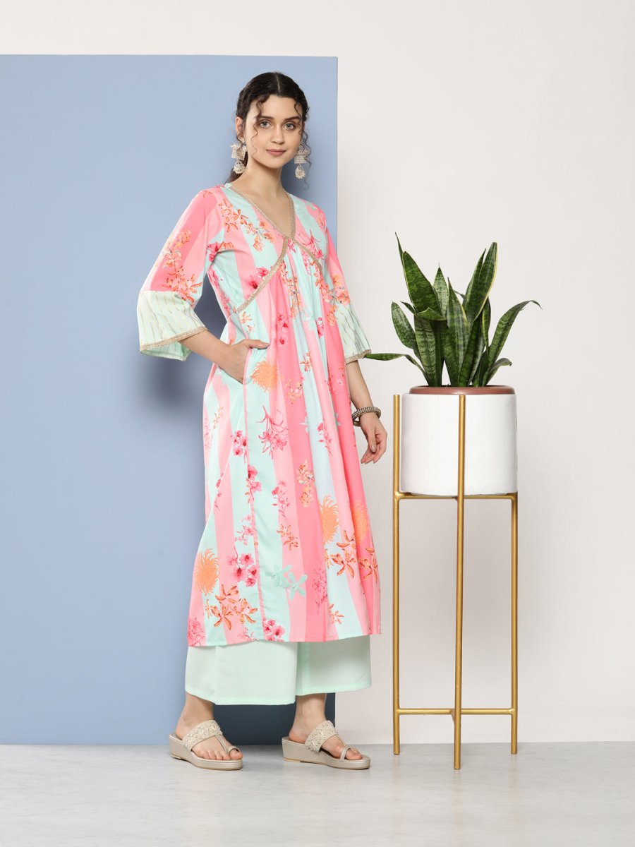 Ahalyaa Women Floral Printed Pleated Gotta Patti Kurta With Palazzos - Distacart