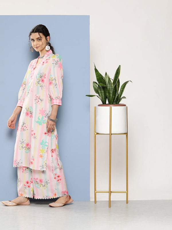 Ahalyaa Women Pink Floral Printed Gotta Patti Kurta with Palazzos - Distacart