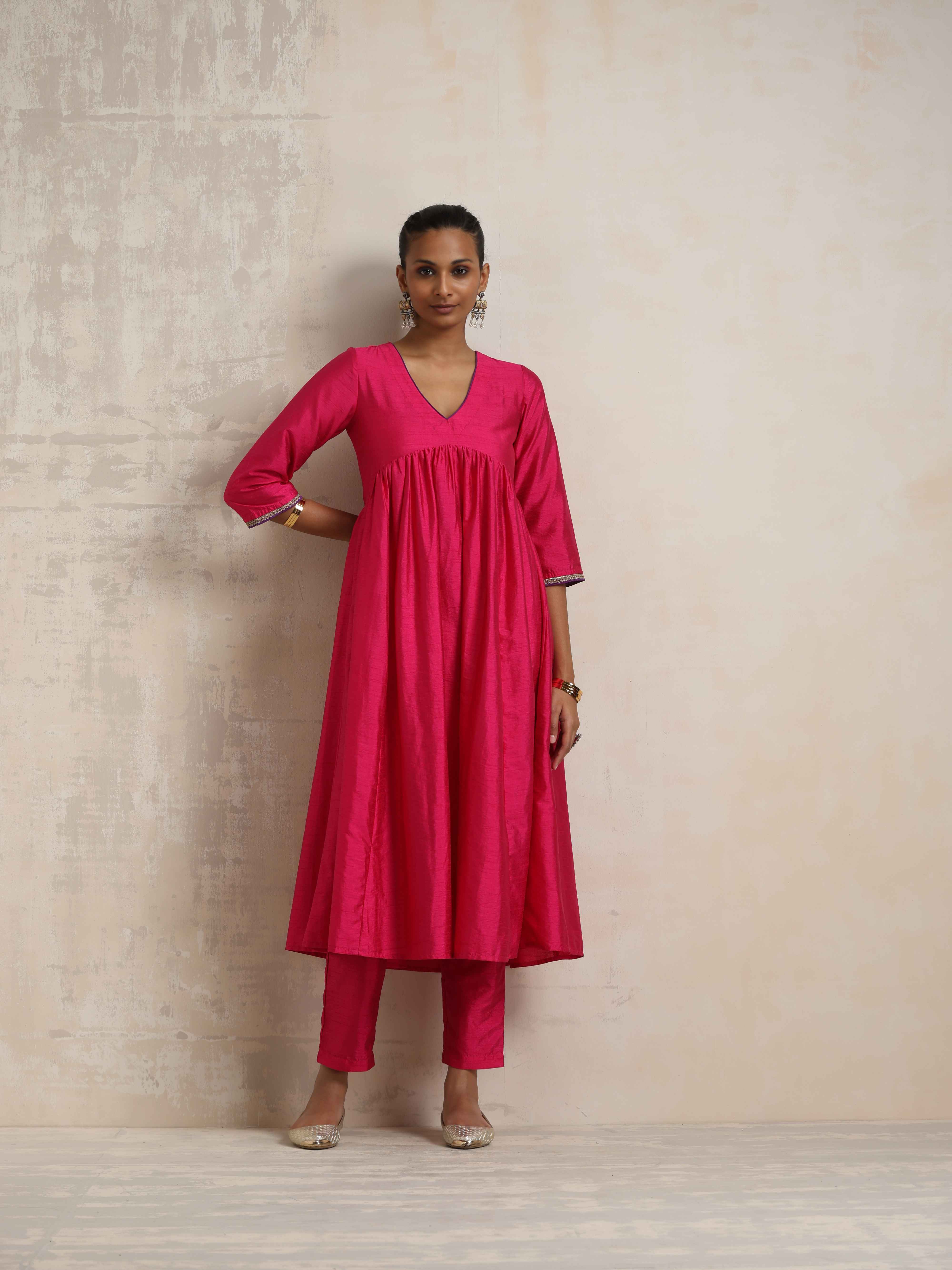 trueBrowns Pink Silk Anarkali Kurta Pant Dupatta Set - Distacart