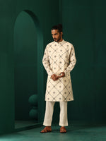 Thumbnail for trueBrowns Men's Ivory Rhombus Cotton Kurta - Distacart