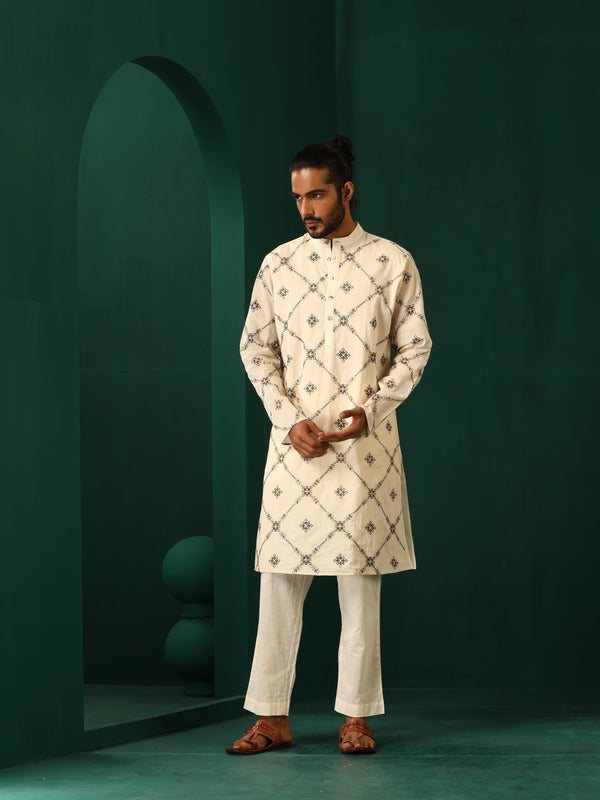 trueBrowns Men's Ivory Rhombus Cotton Kurta - Distacart
