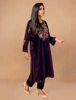 Thumbnail for trueBrowns Maroon Velvet Embroidered Kurta Set