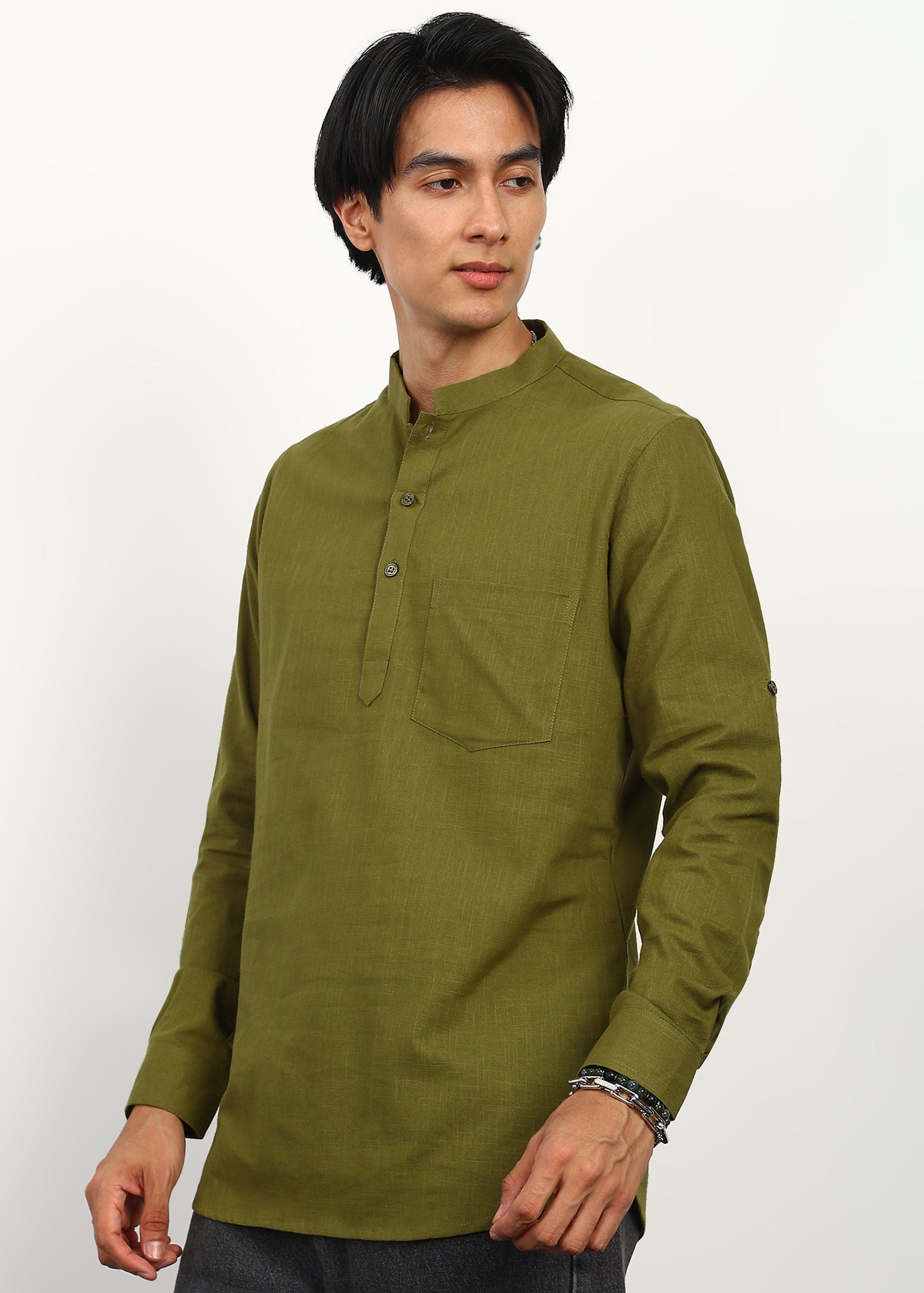 Fabmade Olive Still Linen Kurta - Distacart