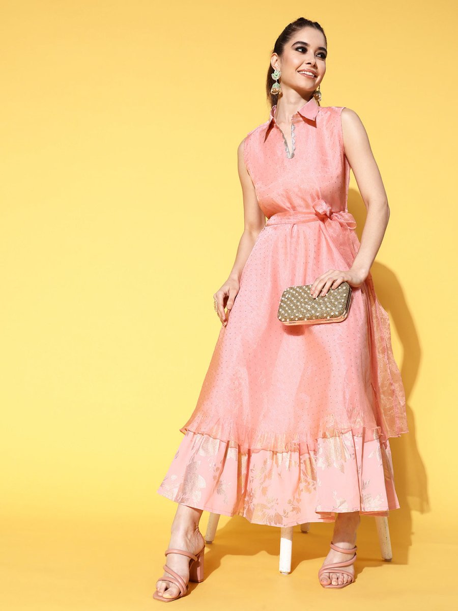 Ahalyaa Belted Tiered Empire Ethnic Dress - Distacart