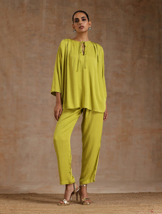 trueBrowns Lime Modal Satin Shoulder Pleat Co-Ord Set - Distacart