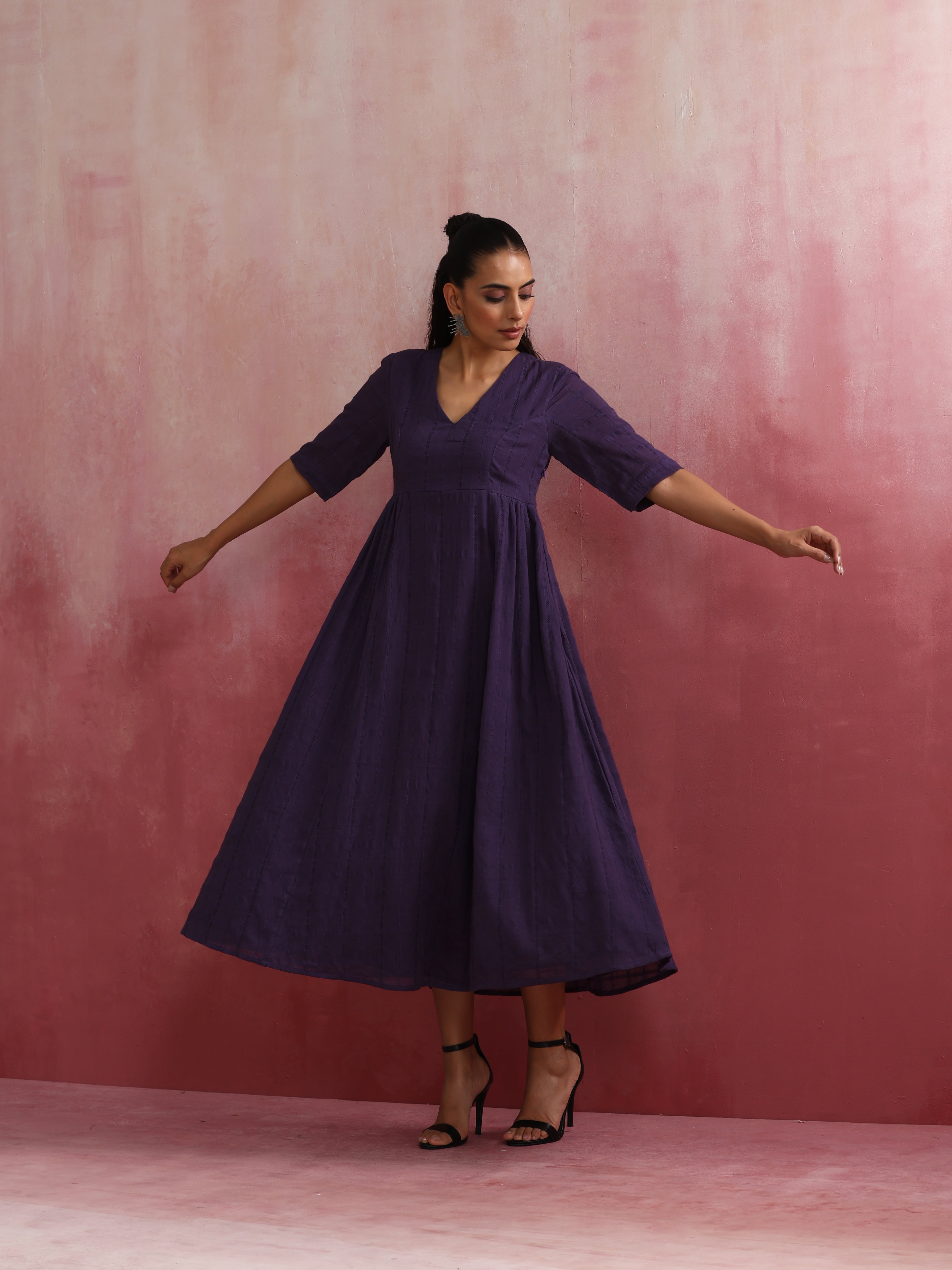 trueBrowns Purple Cotton Dobby Dress - Distacart