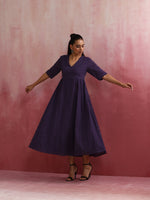Thumbnail for trueBrowns Purple Cotton Dobby Dress - Distacart