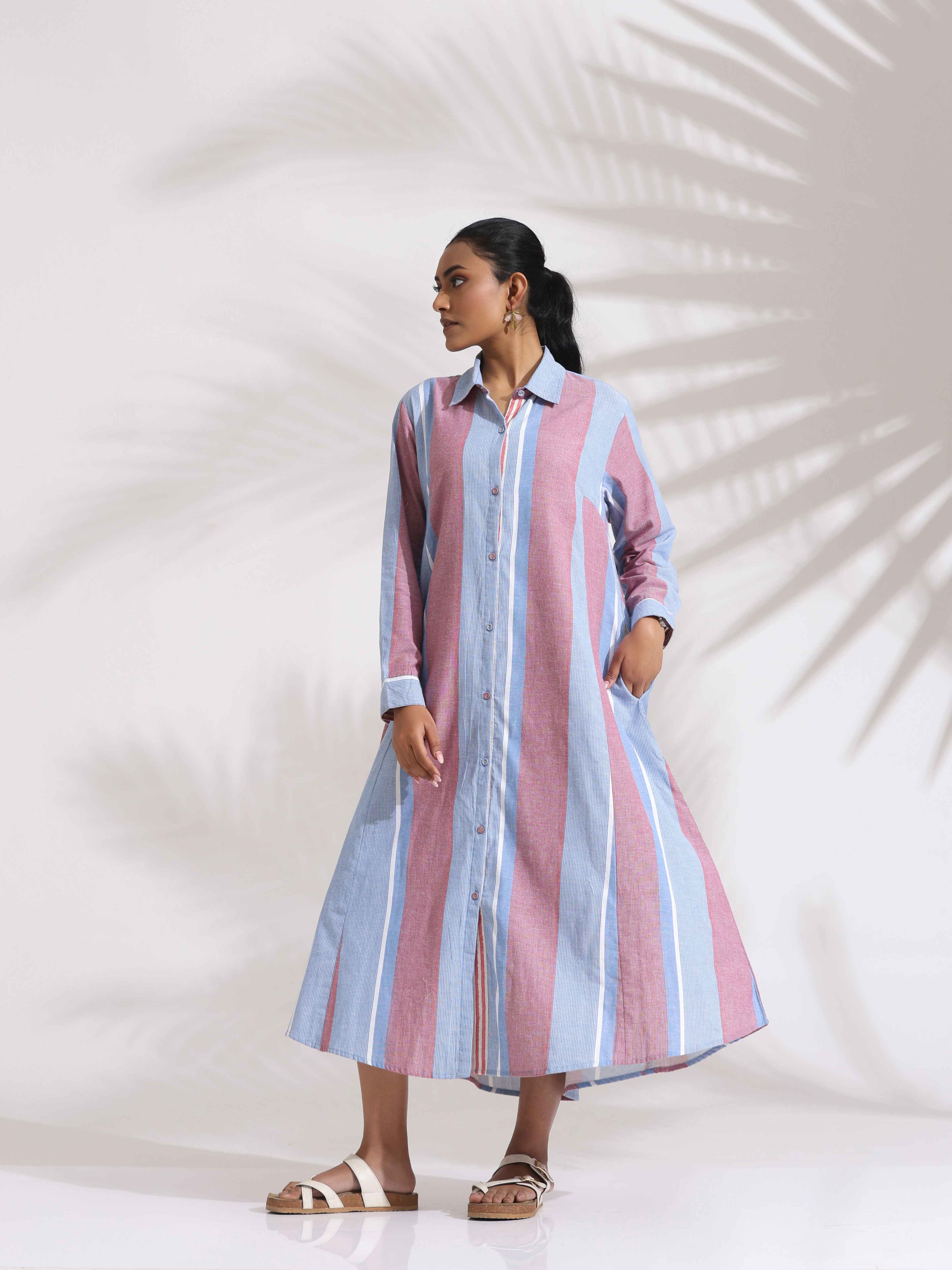 trueBrowns Blue Cotton Stripe Flared Shirt Dress - Distacart
