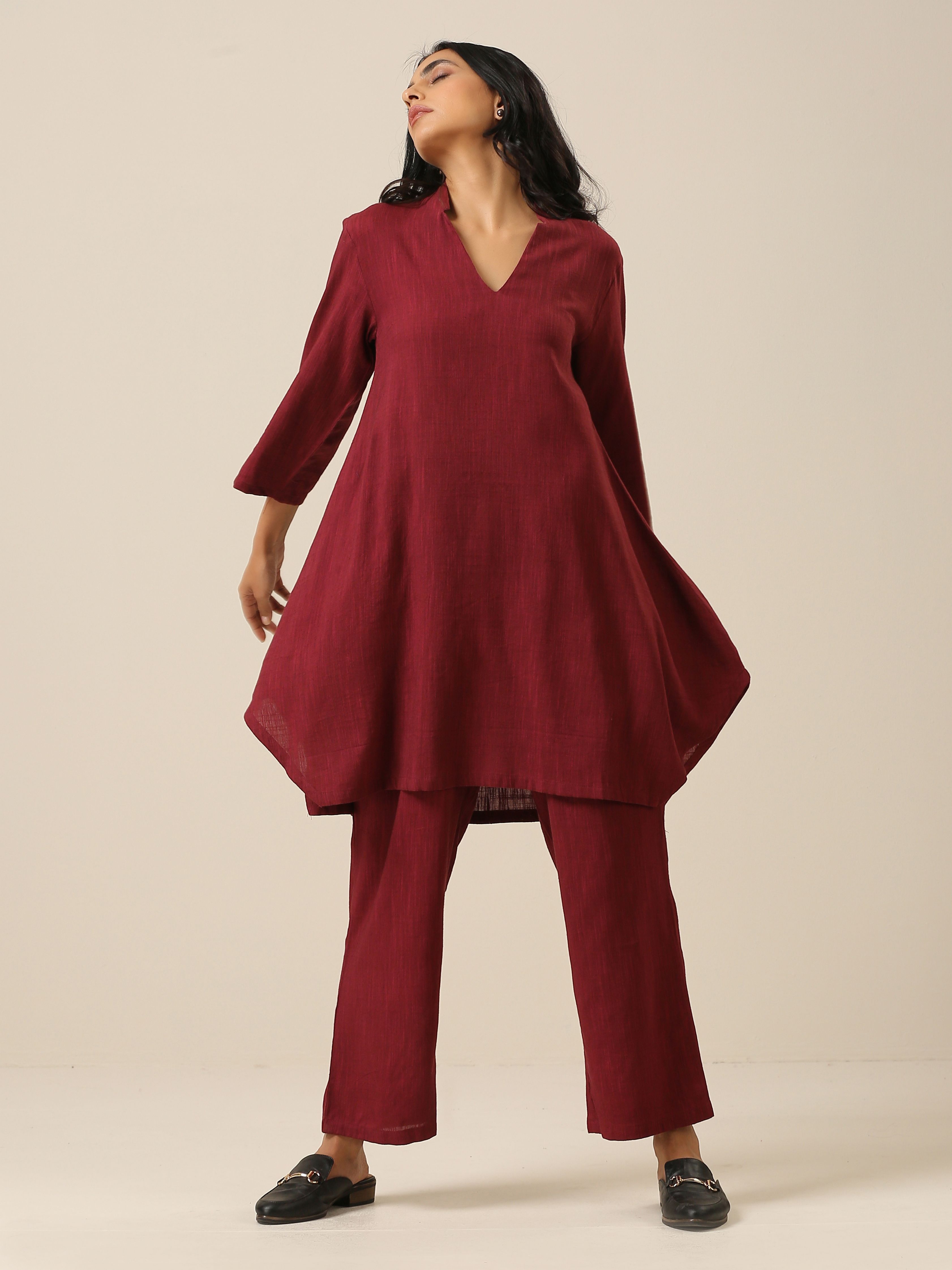 trueBrowns Ruby Wine Slub Textured Collar Co-Ord Set - Distacart