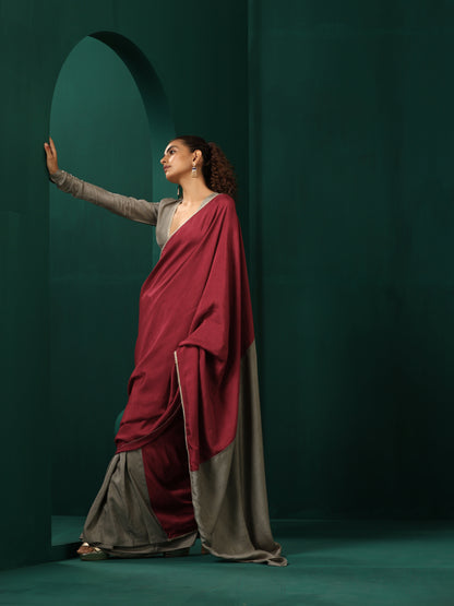 trueBrowns Grey Maroon Silk Ready to Wear Saree - Distacart