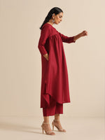 Thumbnail for trueBrowns Maroon Slub Gathered Kurta Pant Set - Distacart