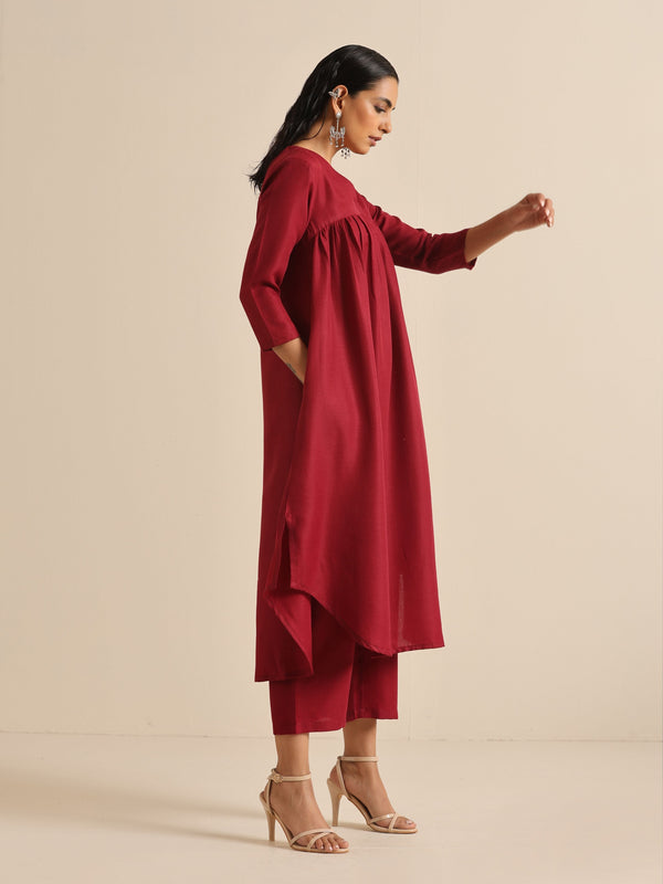 trueBrowns Maroon Slub Gathered Kurta Pant Set - Distacart