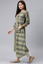 Thumbnail for Ahika Grey And Beige Striped A Line Panelled Kurta with pockets