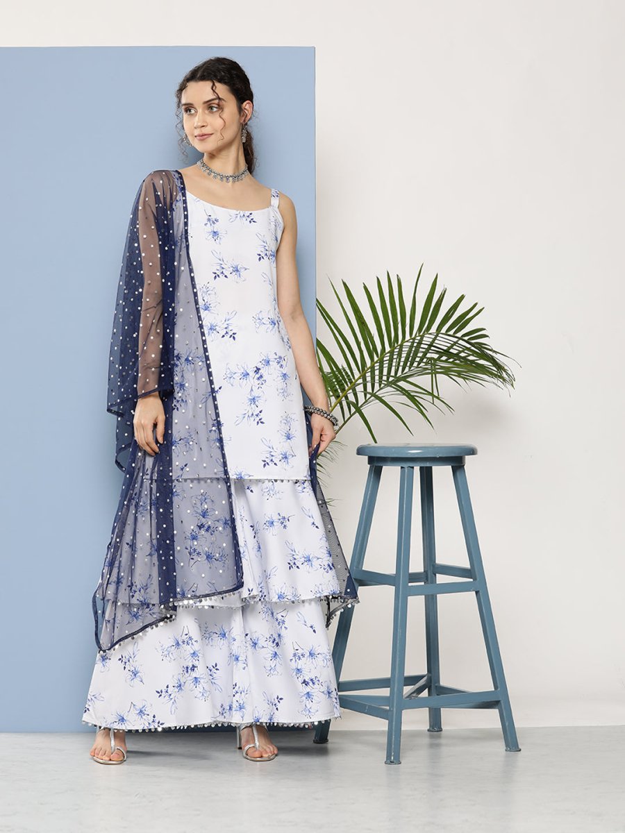Ahalyaa Women White Floral Printed Sequinned Kurta with Sharara & With Dupatta - Distacart