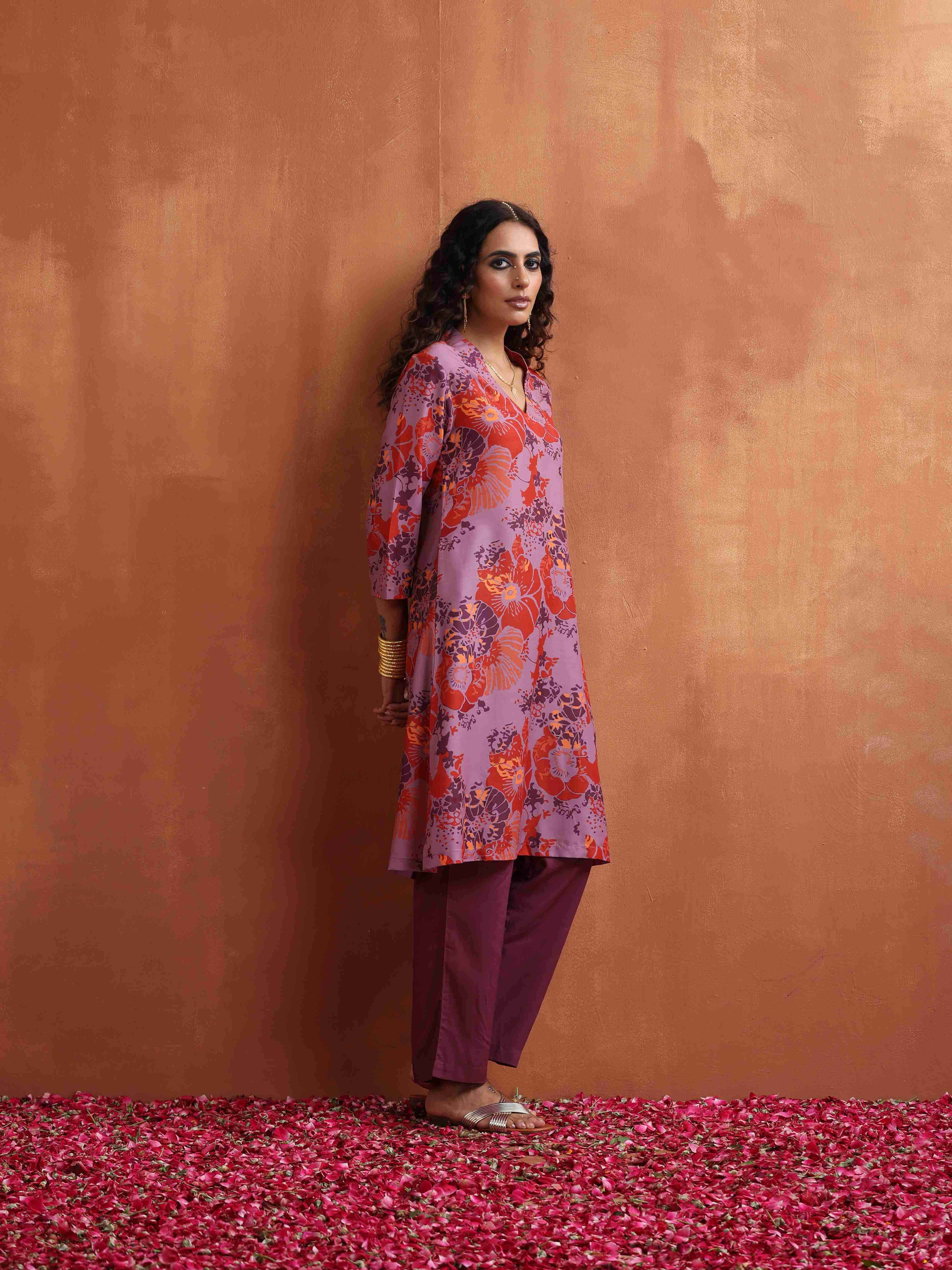 trueBrowns Purple Print Kurta Co-ord Set - Distacart