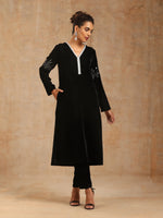 Thumbnail for trueBrowns Black Velvet Sleeve Embroidered Kurta - Distacart