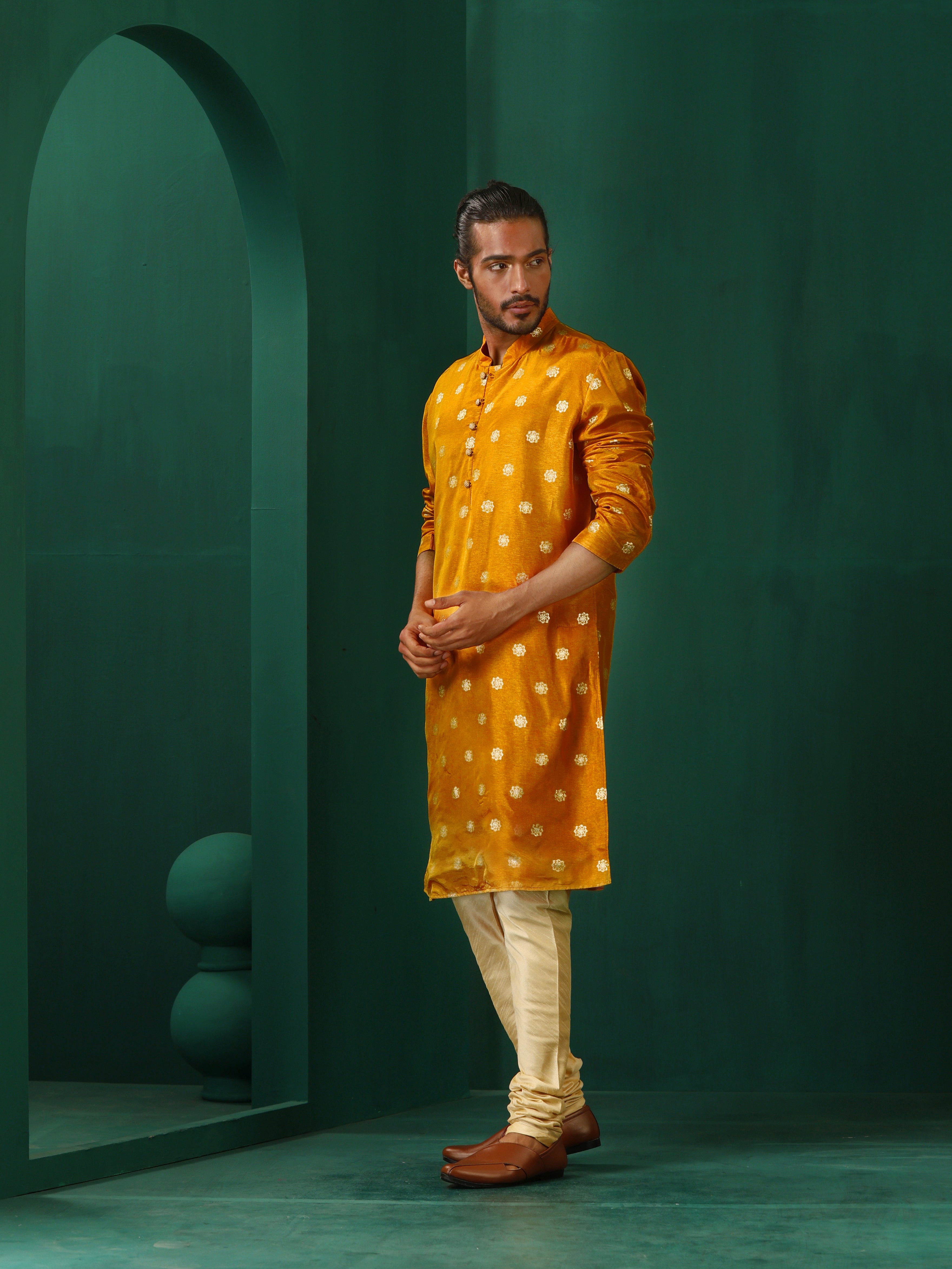 trueBrowns Men's Mustard Geometric Floral Viscose Silk Long Kurta - Distacart