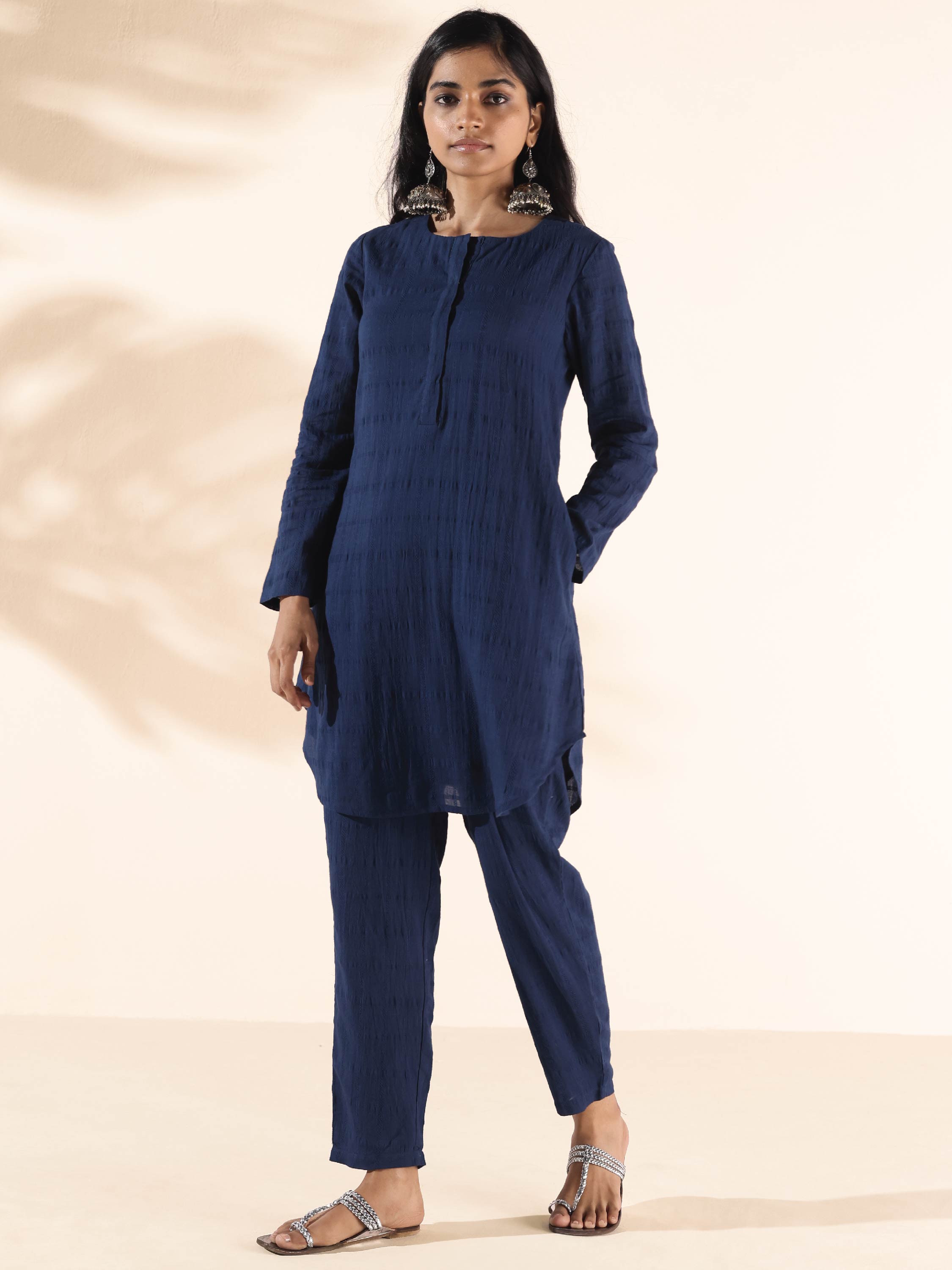 trueBrowns Blue Cotton Dobby Relaxed Co-ord Set - Distacart