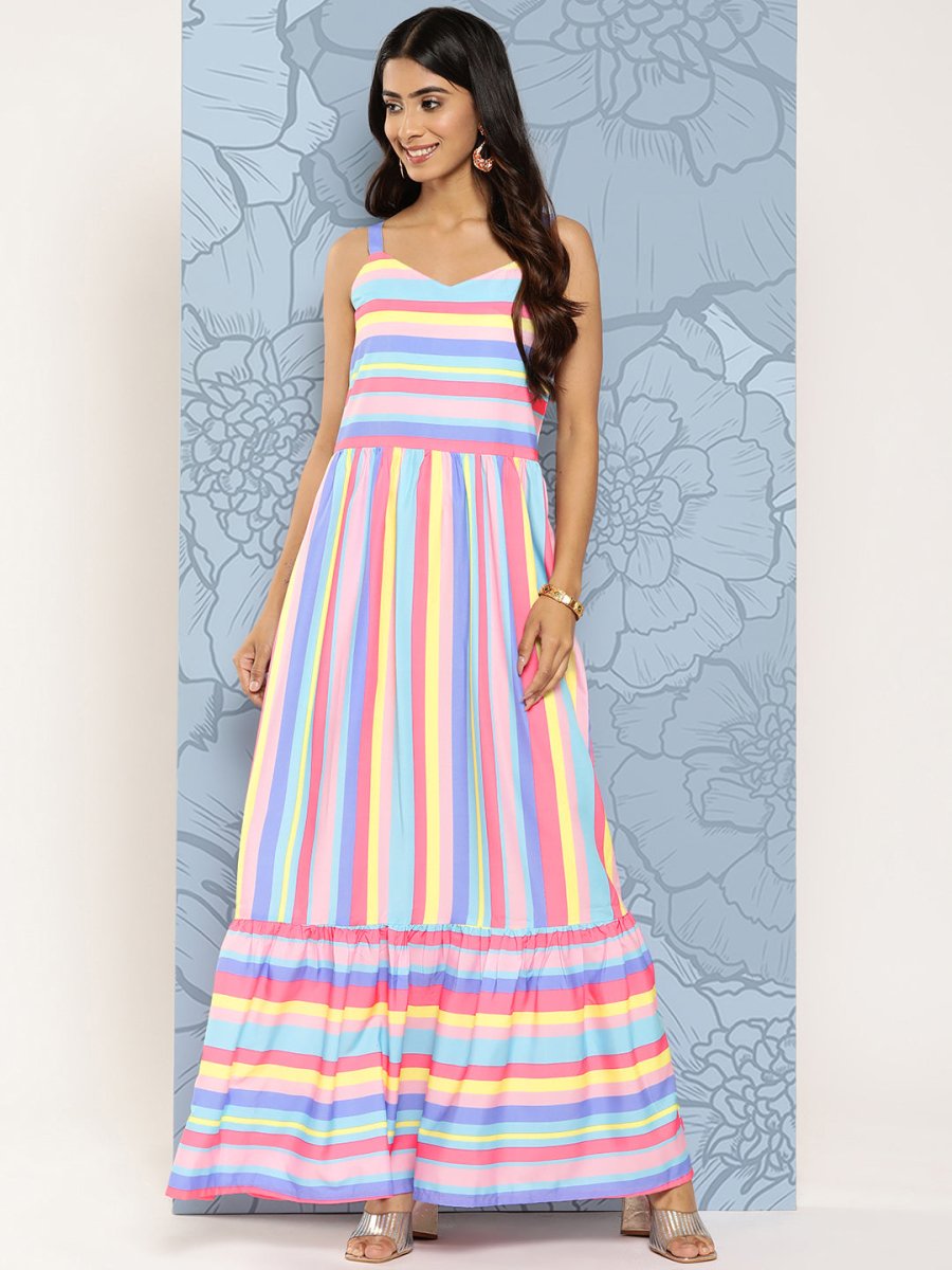 Ahalyaa Striped Crepe Maxi Ethnic Dress - Distacart