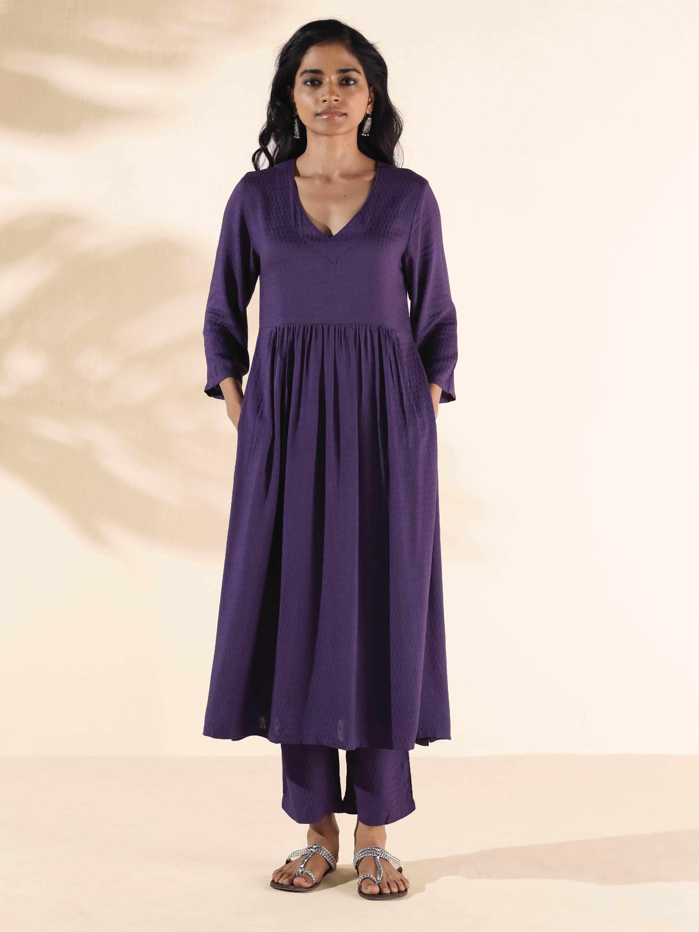 trueBrowns Purple Viscose Dobby Slit Kurta Pant Set - Distacart