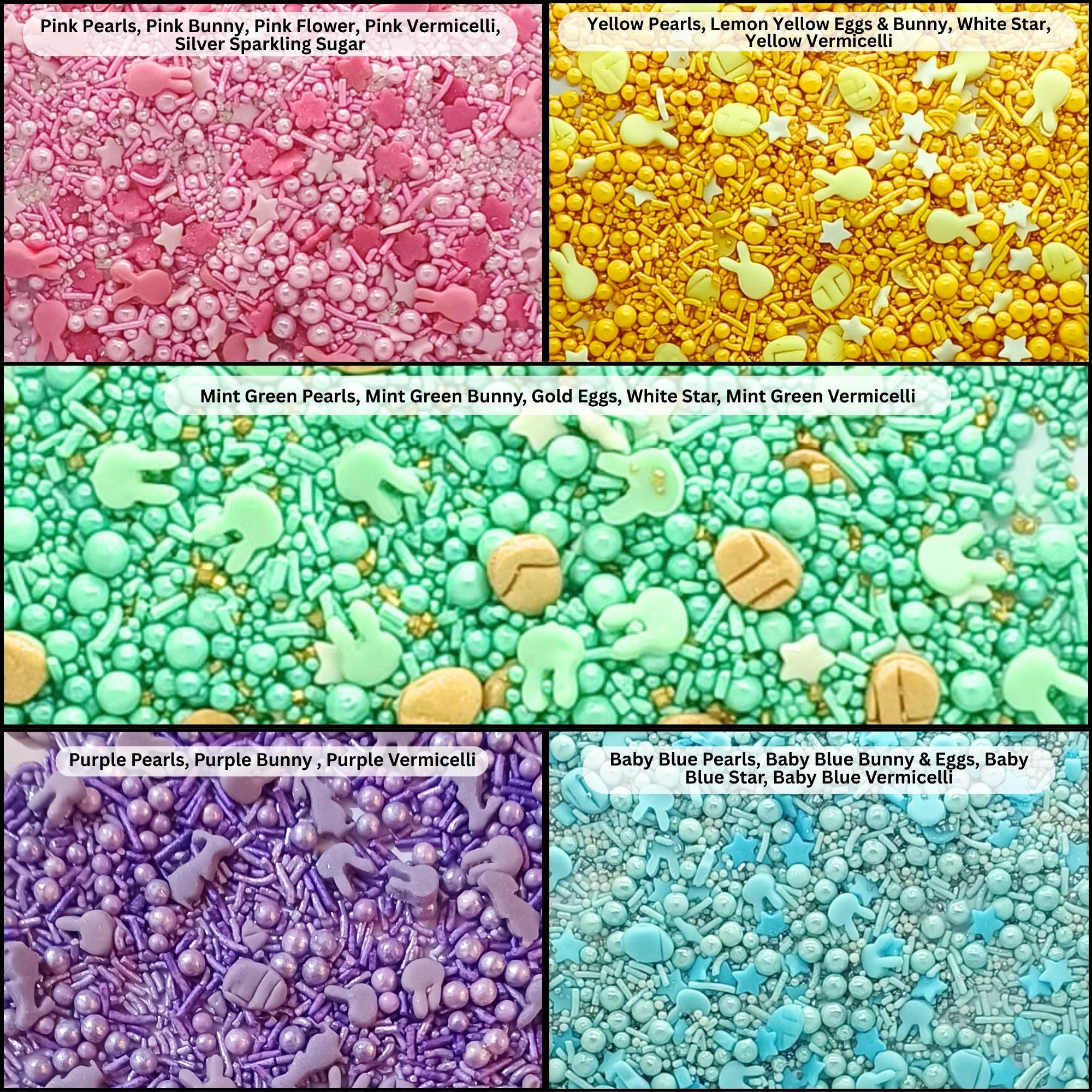 confect easter sprinkles edible mix parrot green pink sky blue and yellow pearls stars pack of 5 100gms