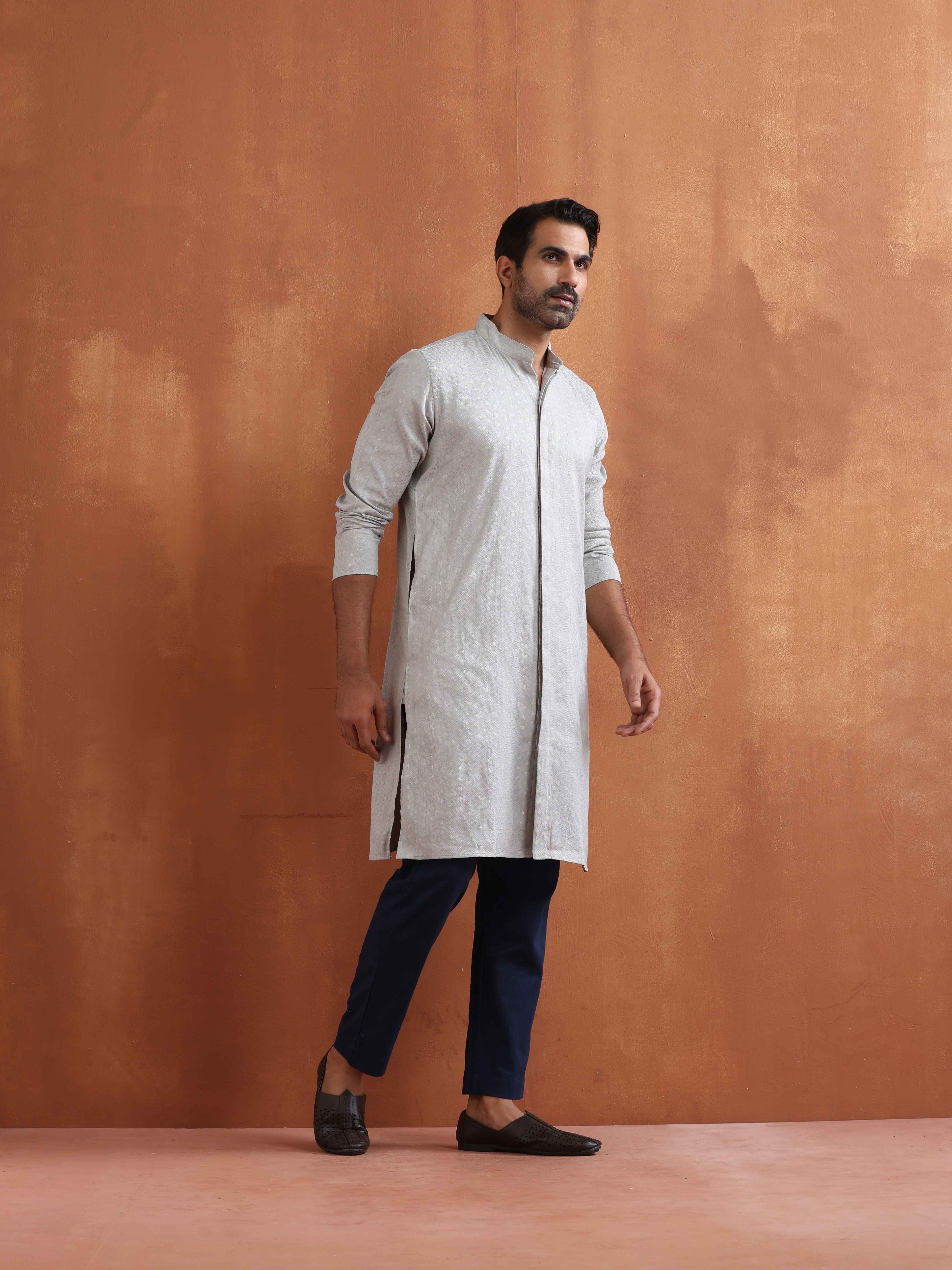 trueBrowns Men's Grey Chanderi Front Open Kurta - Distacart