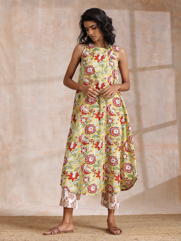 trueBrowns Yellow Overall Floral Block Print Cotton Sleeveless Kurta Pant Set - Distacart