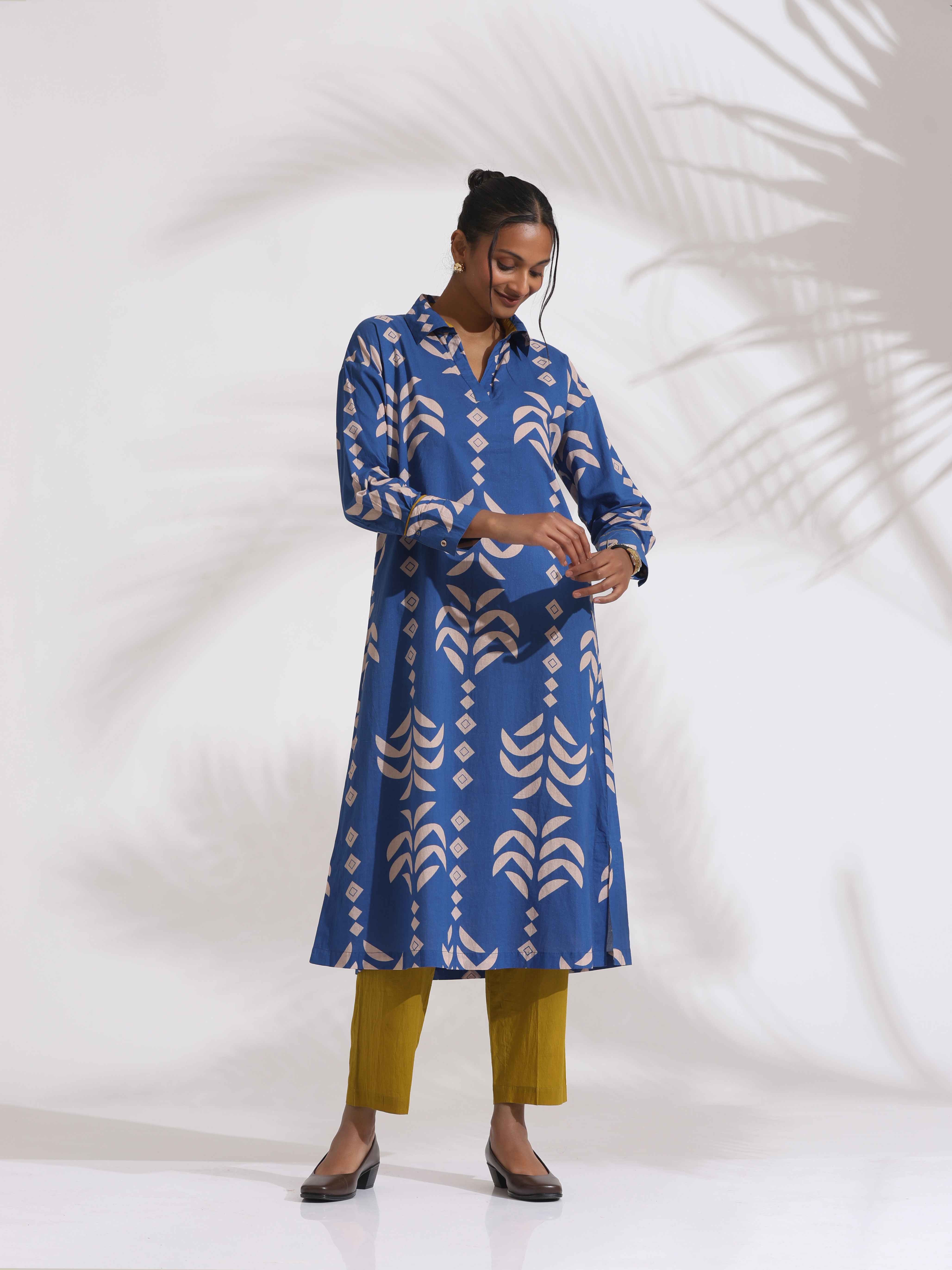 trueBrowns Blue Cotton Stripe Print Kurta Set - Distacart