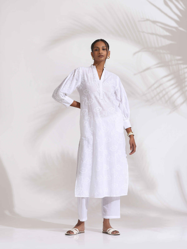 trueBrowns trueBrown White Cotton Schiffli Kurta Set