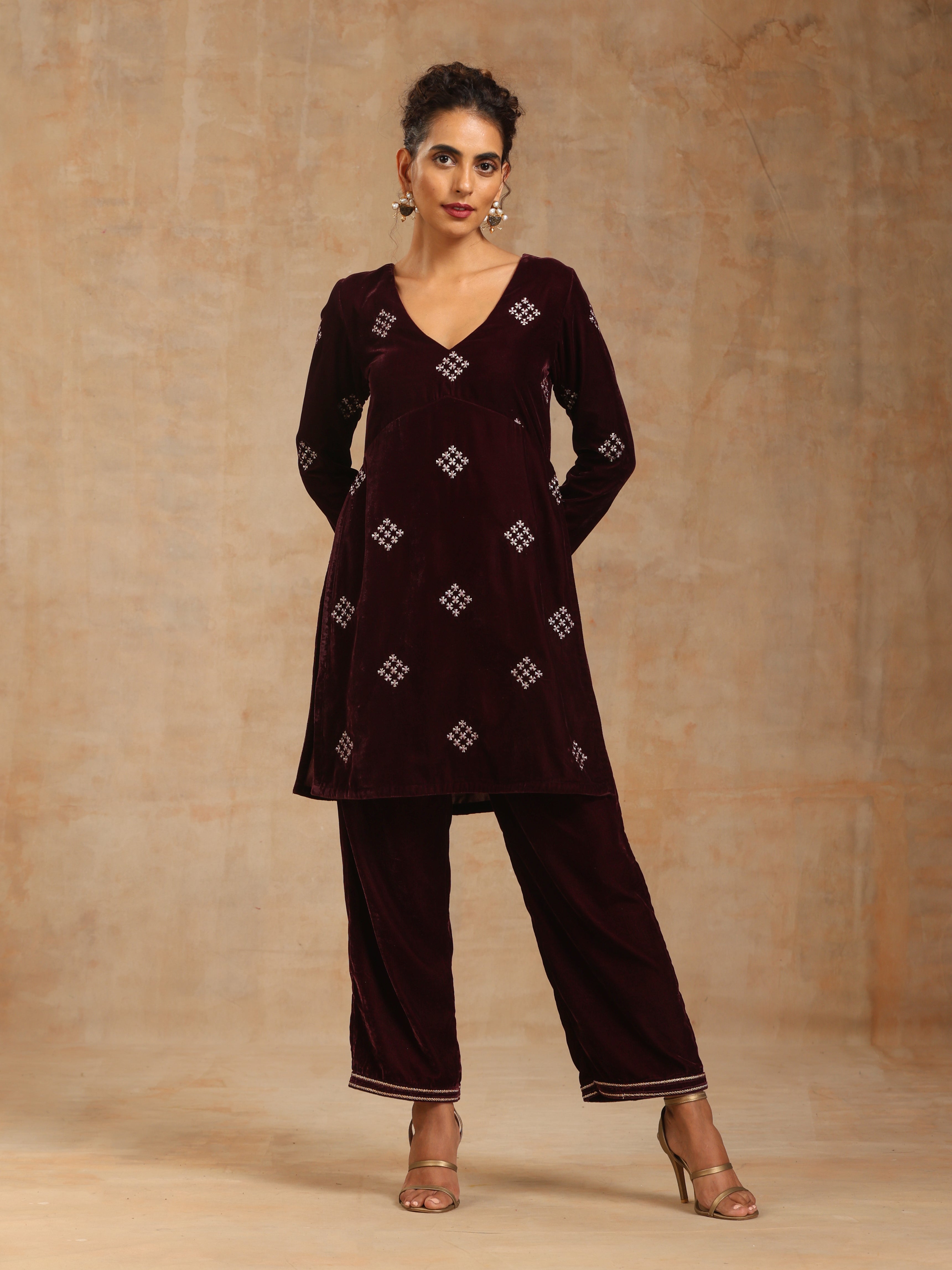 trueBrowns Wine Velvet Embroidered Co-ord Set - Distacart
