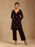 Thumbnail for trueBrowns Wine Velvet Embroidered Co-ord Set - Distacart