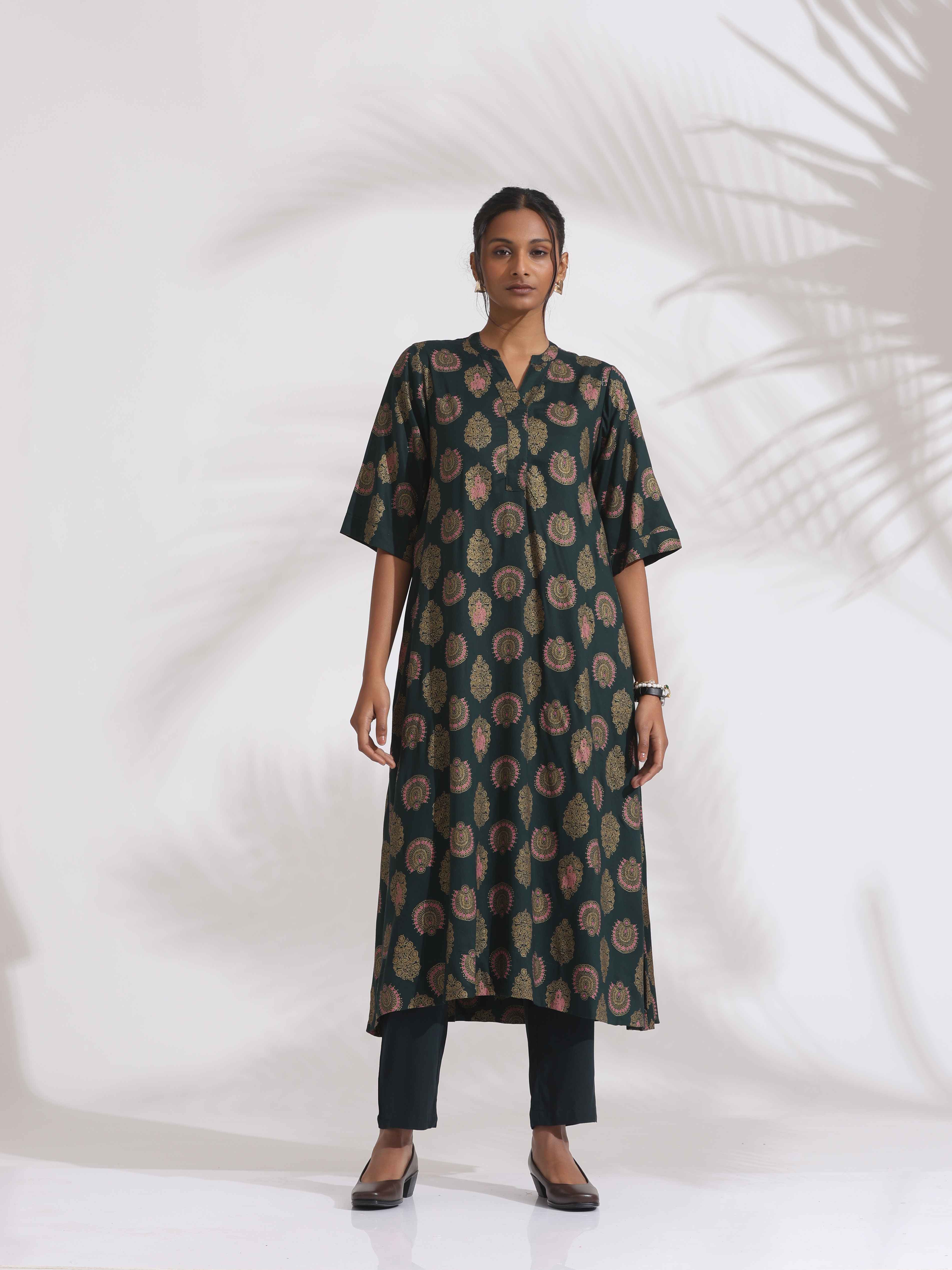 trueBrowns Green Foil Print Cotton Kurta Set - Distacart