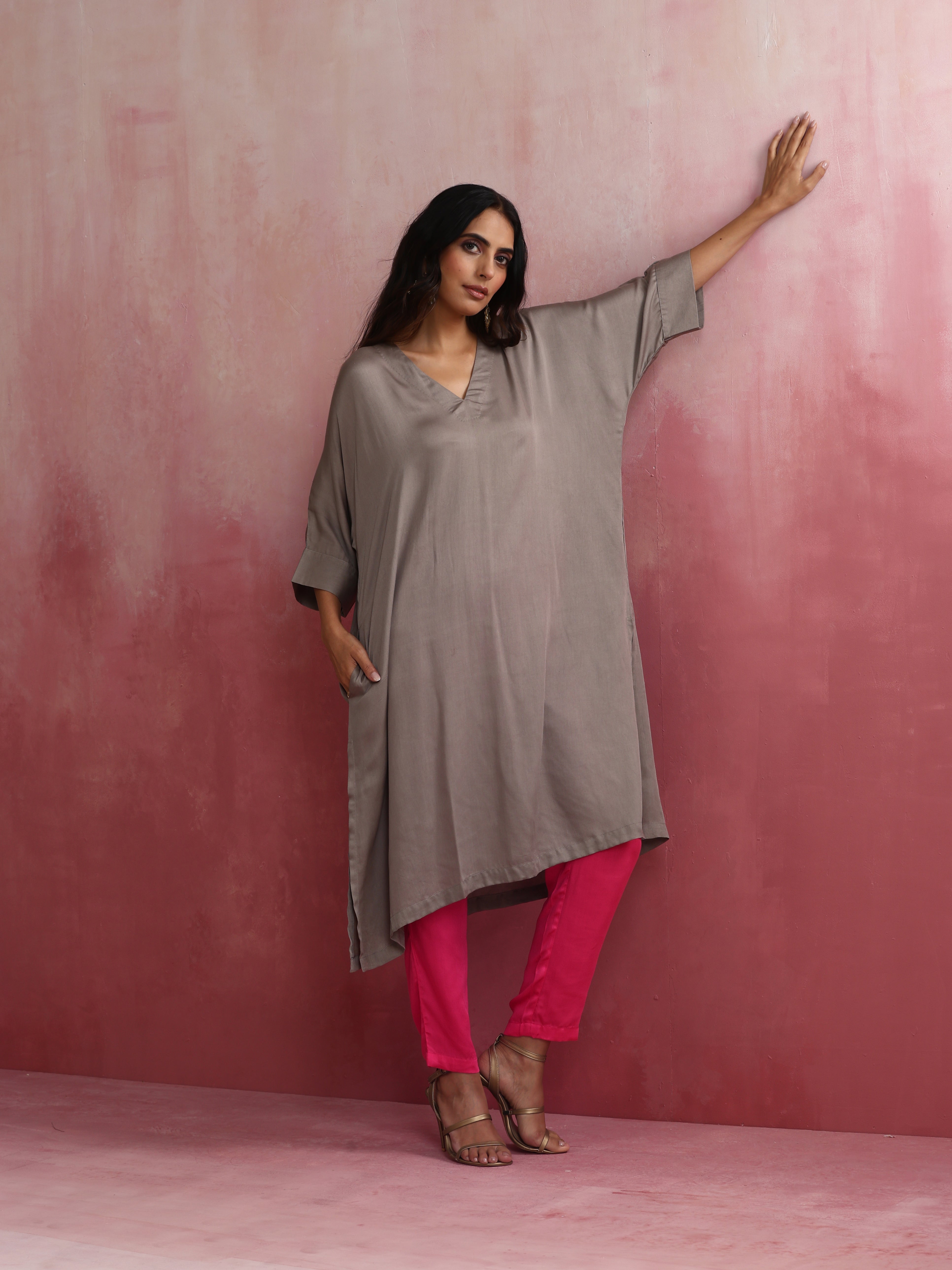 trueBrowns Grey Modal Kimono Kurta Set - Distacart
