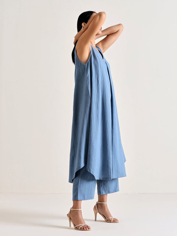 trueBrowns Light Blue Sleeveless Flared Kurta Pant Set - Distacart