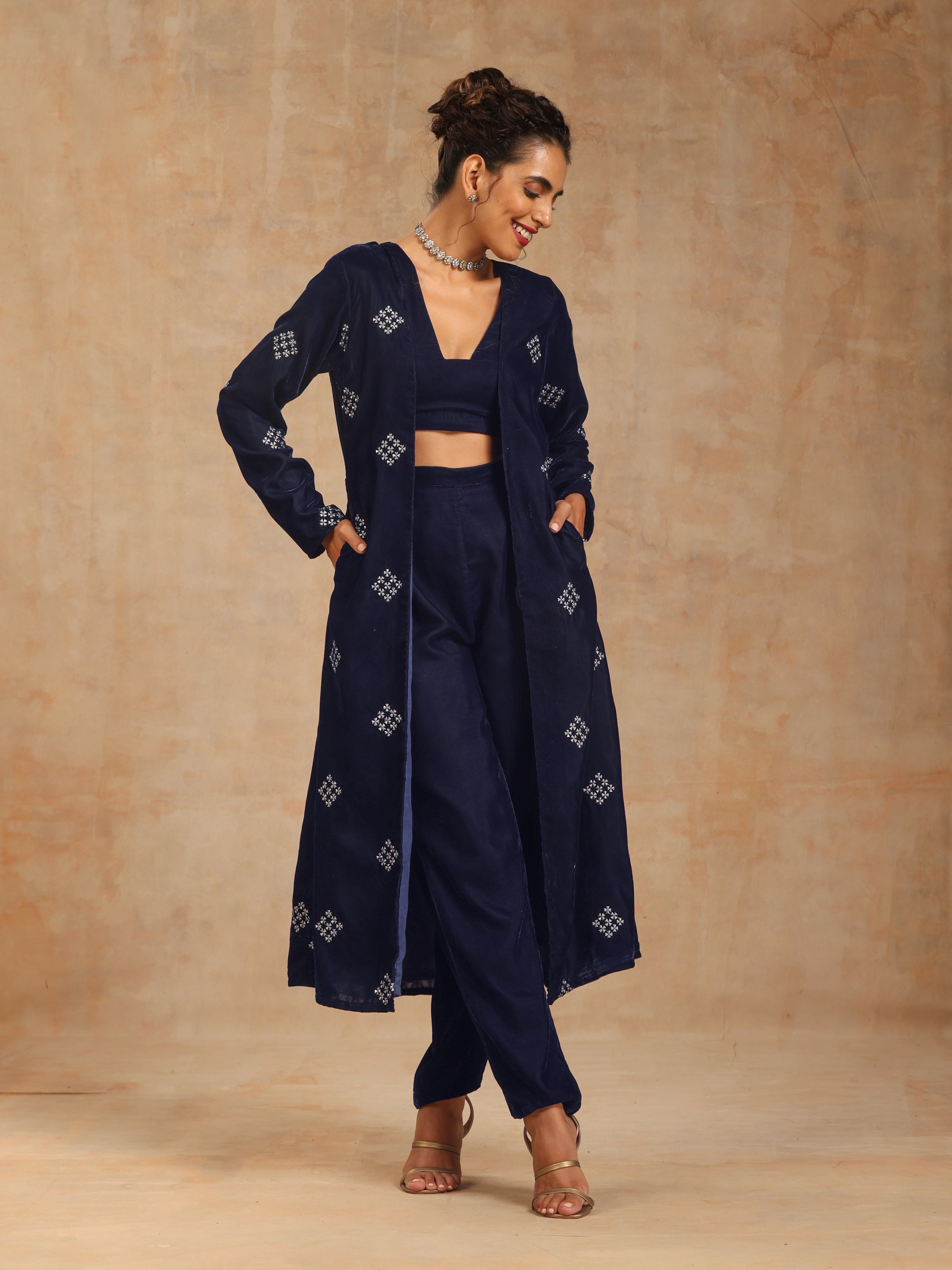 trueBrowns Midnight Blue Velvet Embroidered Jacket Set - Distacart