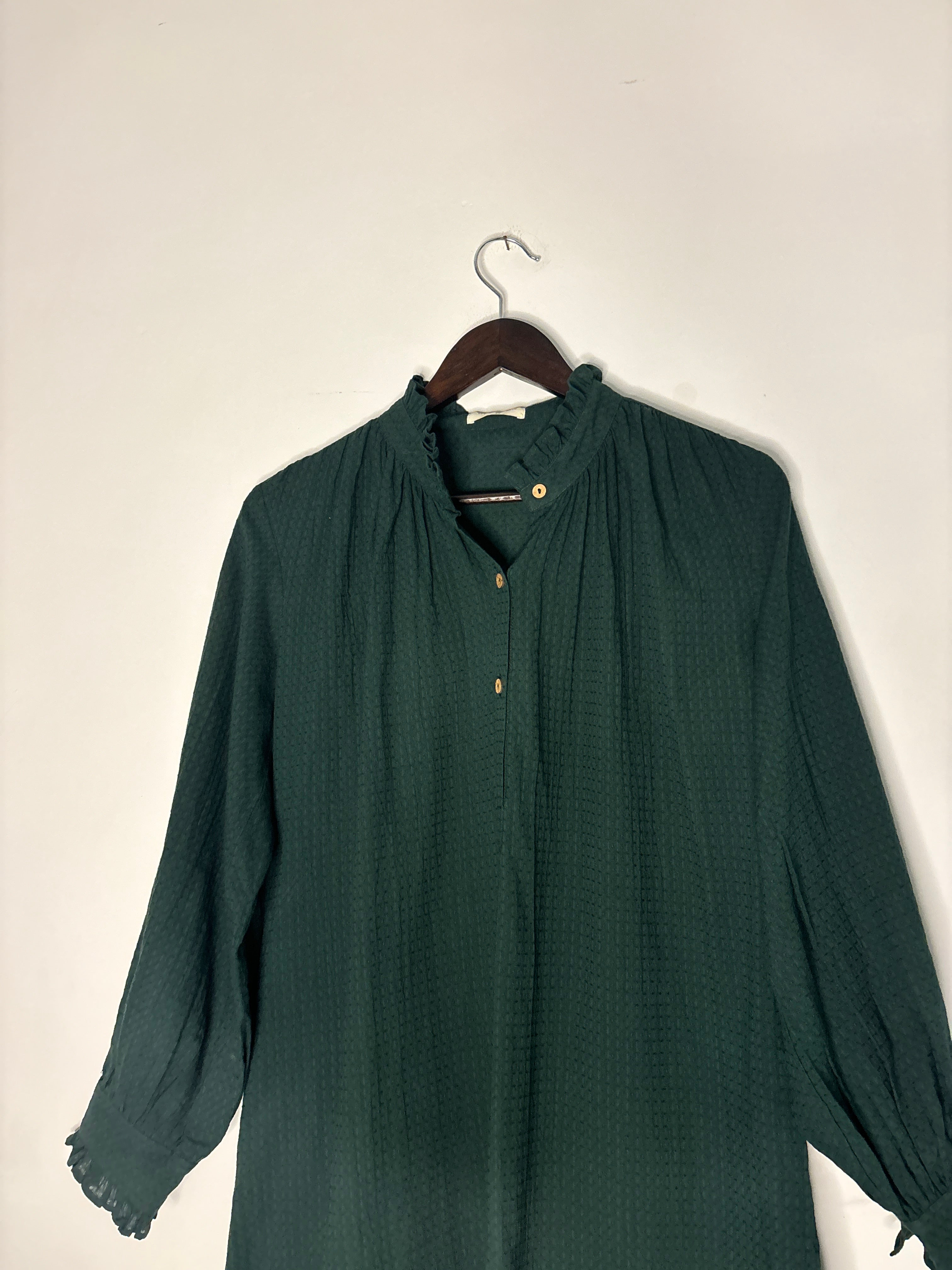 trueBrowns Dark Green Cotton Dobby Long Top - Distacart