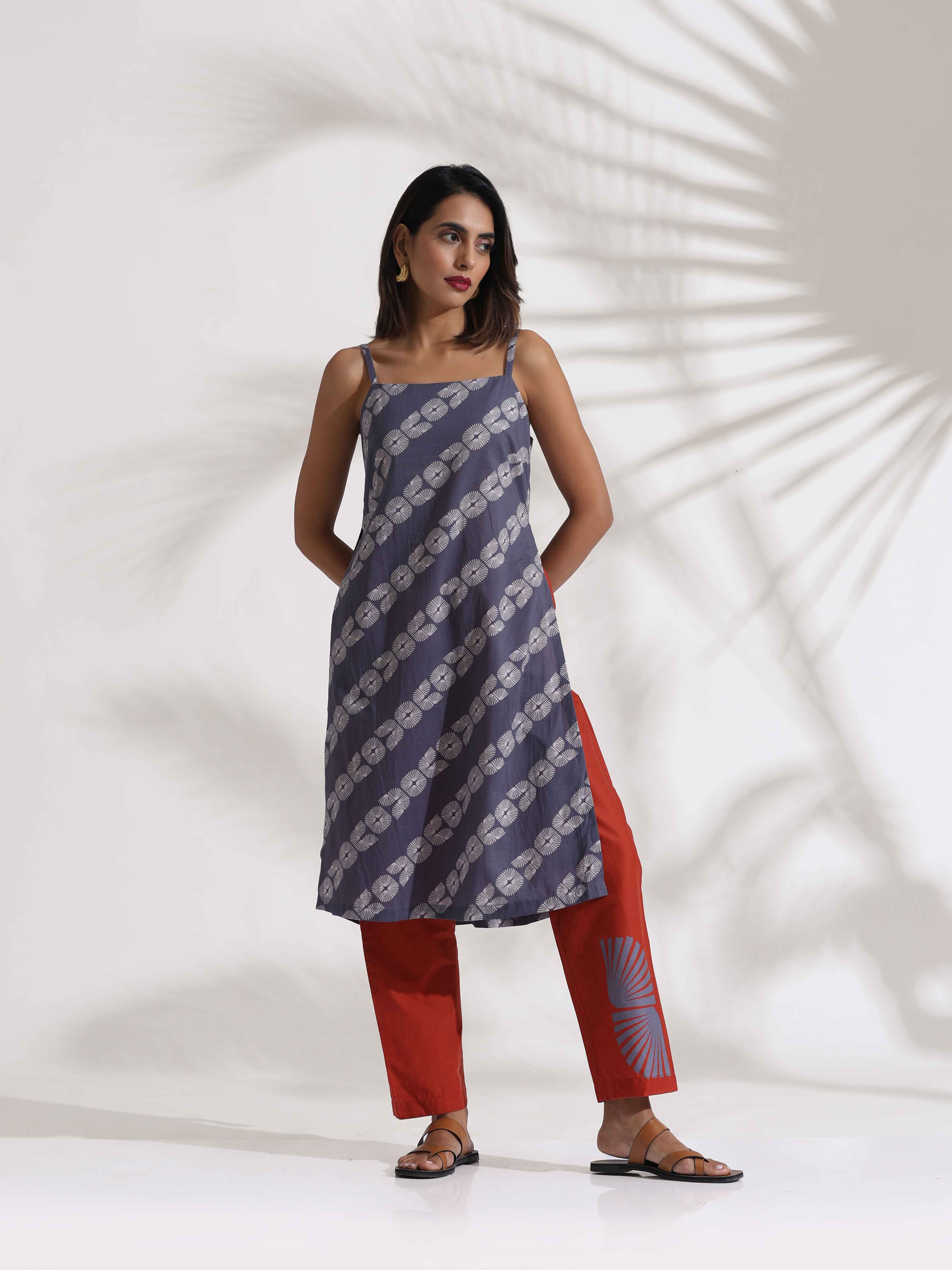 trueBrowns Grey Cotton Print Highslit Kurta Set - Distacart