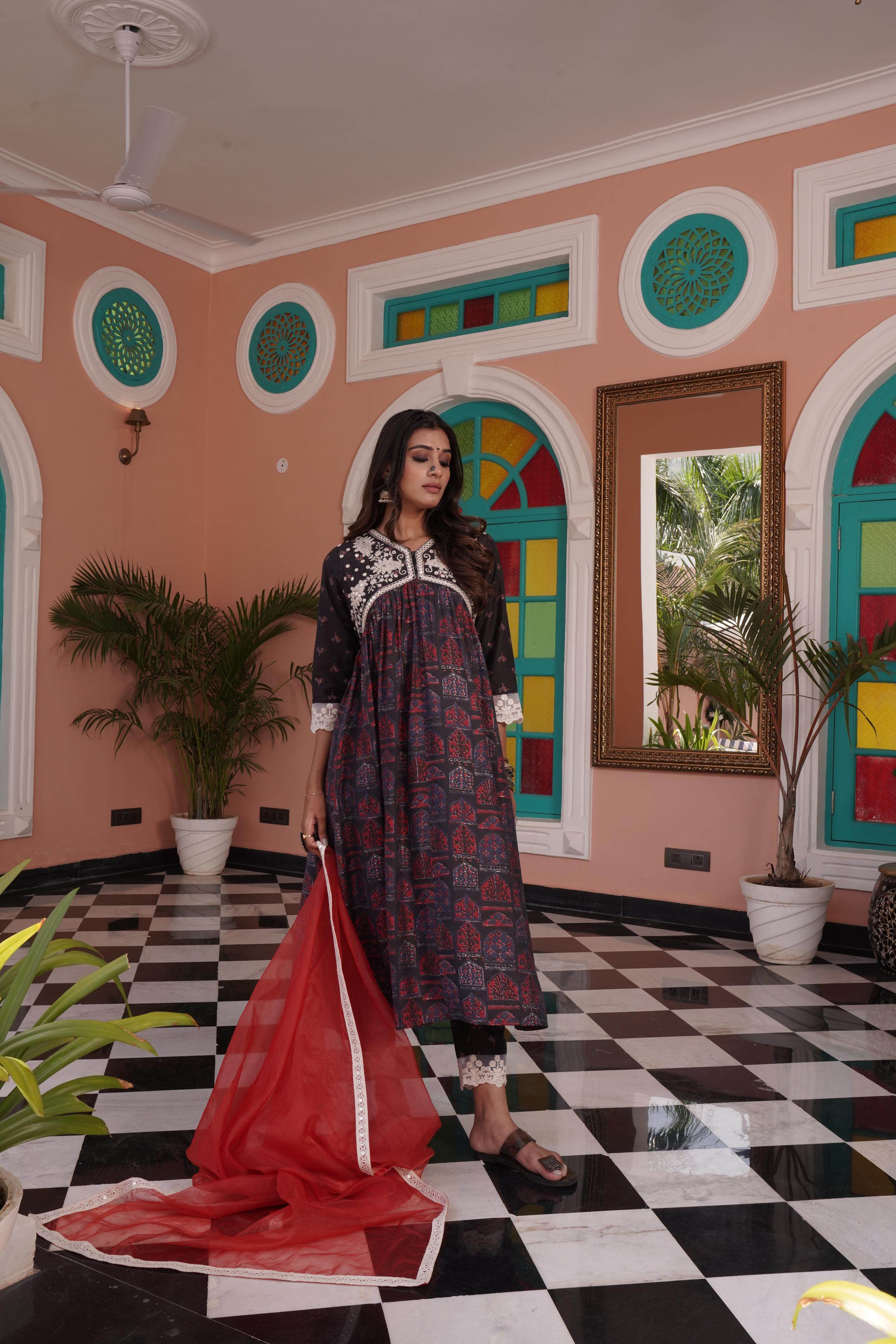 BulBul Bhumika Chanderi Red Kurta Set with Dupatta