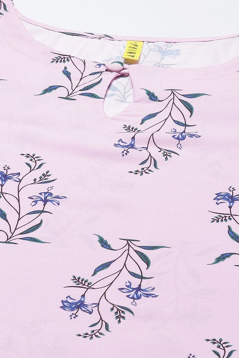 Ahika Pink Polyester Floral Print Straight Suit Set
