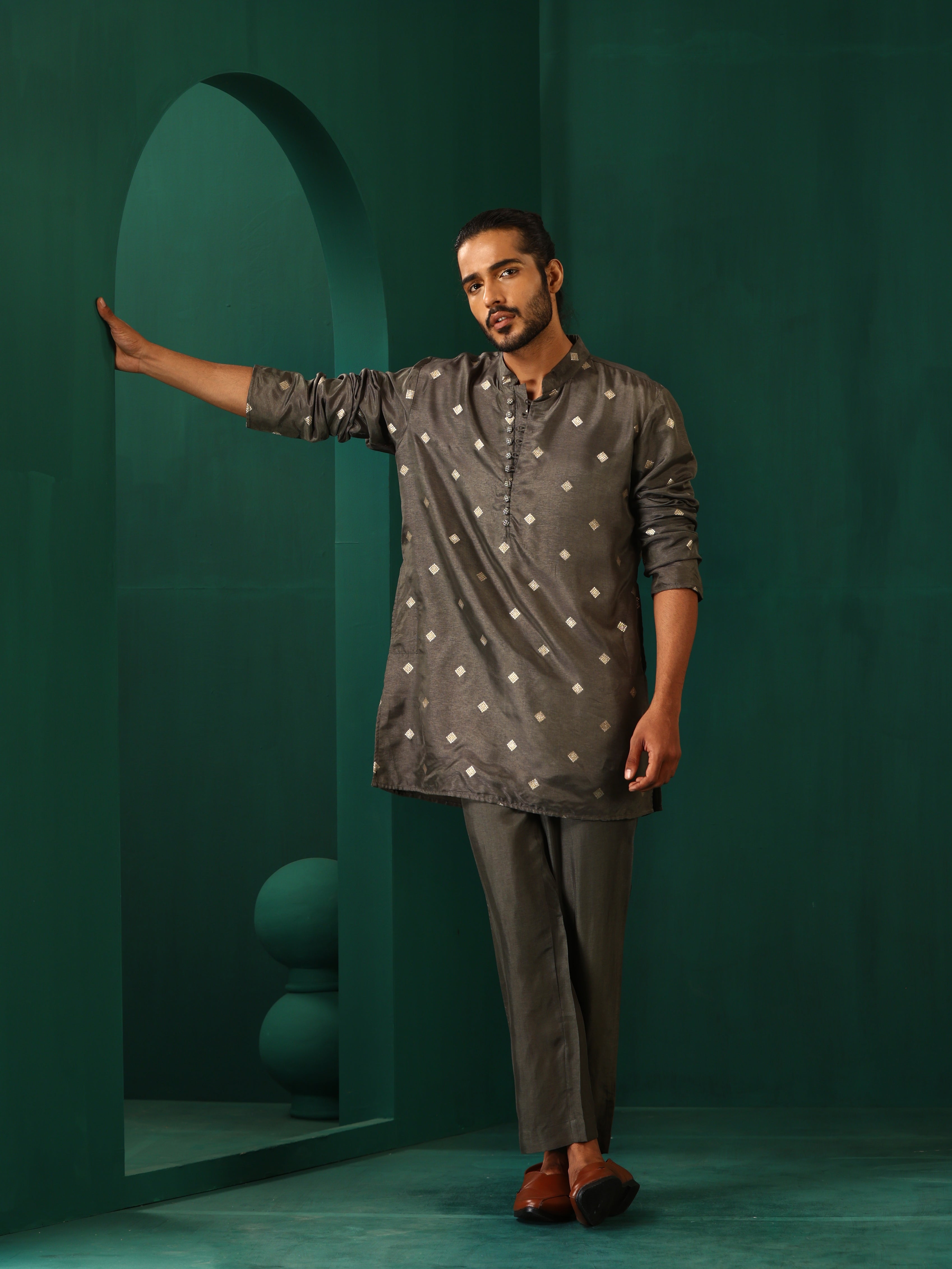 trueBrowns Men's Grey Diamond Viscose Silk Co-ord Set - Distacart