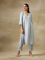 Thumbnail for trueBrowns Grey Bandhani Printed Silk Yoke Kurta Pant Set - Distacart