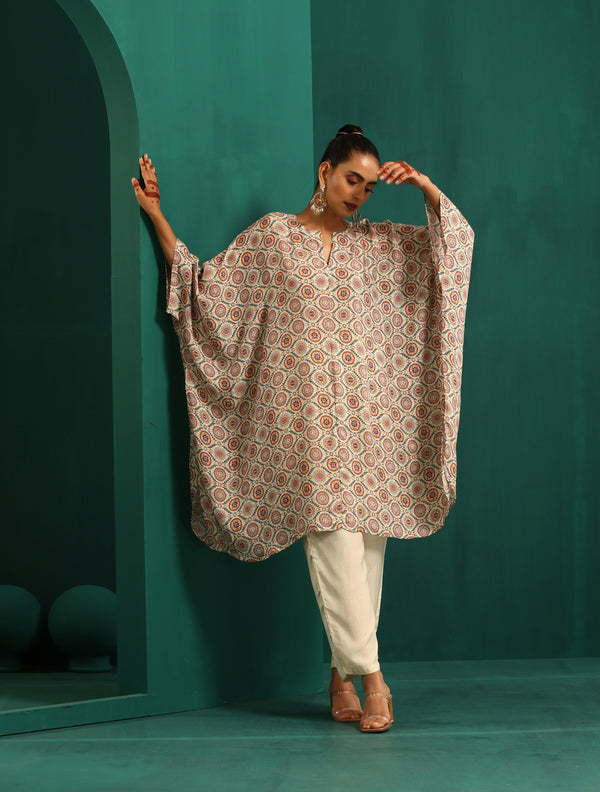 trueBrowns Off White Circle Floral Muslin Silk Printed Kaftan Pant Set - Distacart