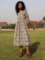 Thumbnail for trueBrowns Sage Cotton Block Print Lapel Collared Dress - Distacart