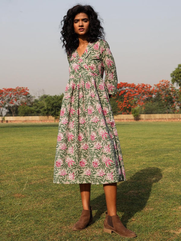 trueBrowns Sage Cotton Block Print Lapel Collared Dress - Distacart